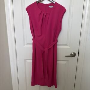Calvin Klein Women's Pink Pleated Jewel Neck Cap Sleeve Self-Tie Dress Size 14